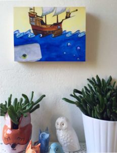 Herbert the Owl Believes He is king of the sea. Art by Maggie Hurley. Print mounted on wood.