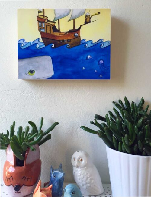herbert-king-of-sea-by-maggie-hurley-on-wall Herbert the Owl Believes He is king of the sea. Art by Maggie Hurley. Print mounted on wood.