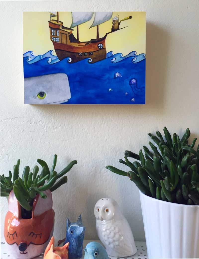 Herbert the Owl Believes He is king of the sea. Art by Maggie Hurley. Print mounted on wood.