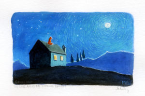 Fox on a rooftop, looking at the moon