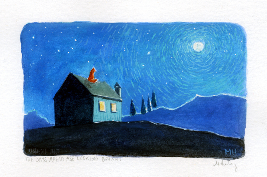 Fox on a rooftop, looking at the moon