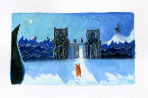 Fox and Crow come upon some ancient Owl statues