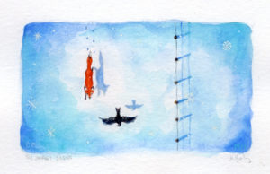 A fox and a hawk travel through snow