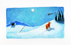 A fox follows a crow across a snowy field. Painting by Maggie Hurley