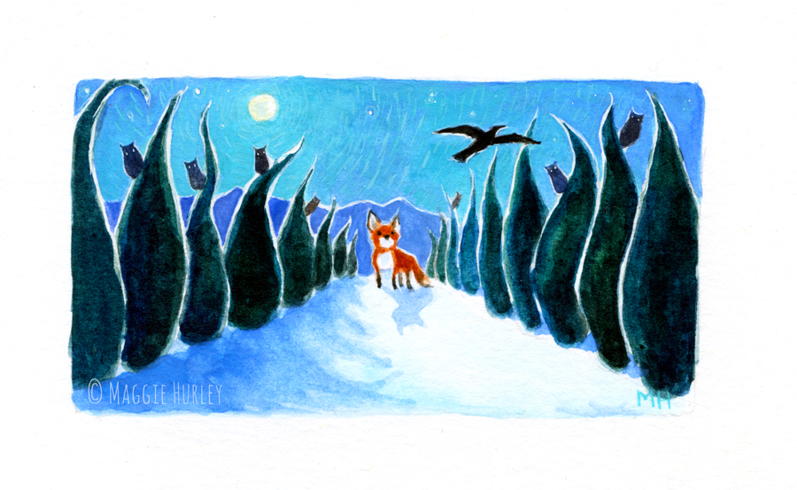 Into The Woods - Painting of fox and crow venturing into a forest