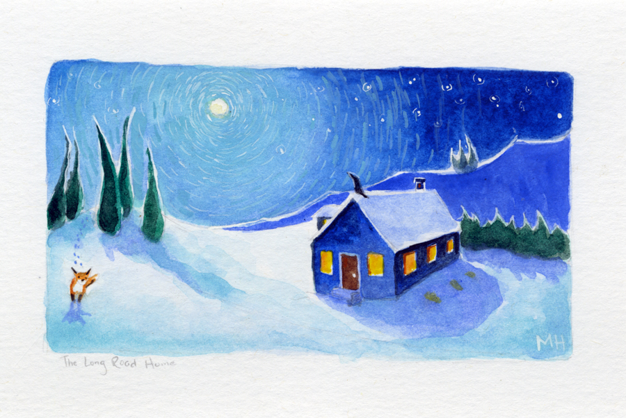 Painting of a fox and cabin in snow