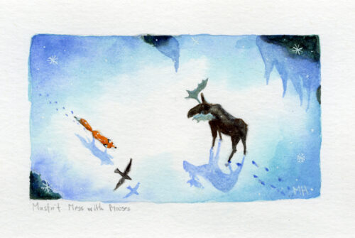 Fox and Crow and a Moose in the snow - Painting by Maggie Hurley