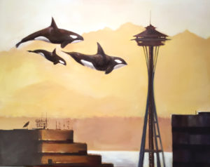 Orcas in Seattle, painting by Maggie Hurley