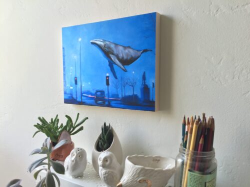 Wayward Whale in the City on Wood Painting by Maggie Hurley