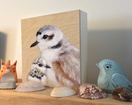 Print of snowy plover and chick mounted on wood by Maggie Hurley