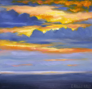 Purple and orange sunset seascape painting by Maggie Hurley