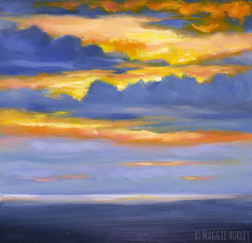 Purple and orange sunset seascape painting by Maggie Hurley