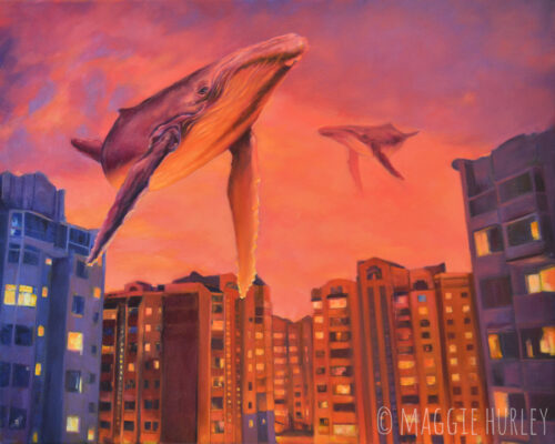 Humpback whale painting in a pink sky over the Ukraine by Maggie Hurley