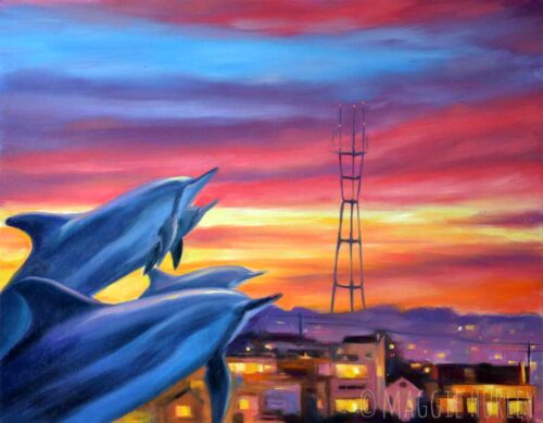 Art by Maggie Hurley. Dolphins swim toward the Sutro Tower in San Francisco during sunset