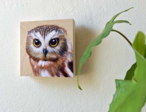 Side angle of a Print of saw whet owl by maggie hurley on a wall