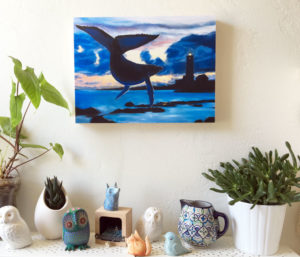 Print of a painting of Wayward Whale at a Lighthouse by Maggie Hurley