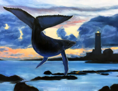 Painting of Wayward Whale at a Lighthouse by Maggie Hurley