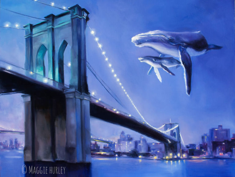 Painting of two humpback whales visiting New York by Maggie Hurley