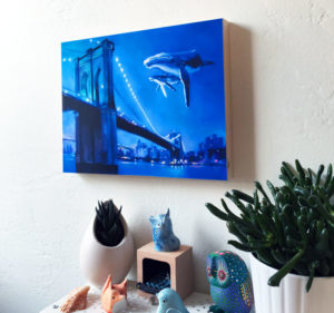 Dreamy surreal painting by Maggie Hurley featuring two humpback whales at the Brooklyn Bridge in New York.