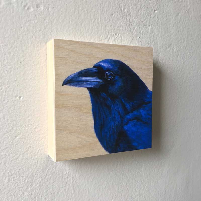 Raven painting mounted on wood by Maggie Hurley