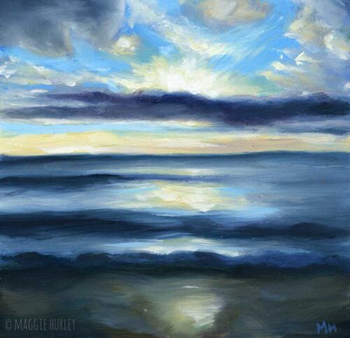 Oil painting by Maggie Hurley of a sunset in Pacifica