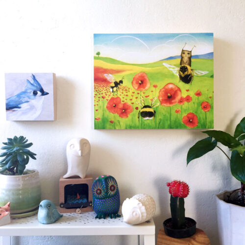 Herbert the owl art by Maggie Hurley. Herbert on bees with poppies.