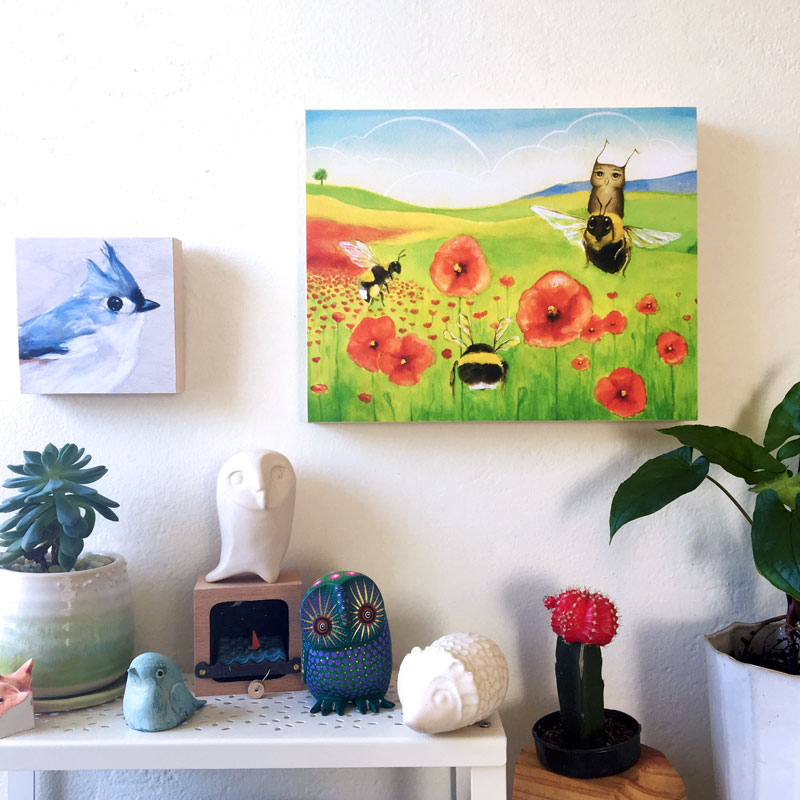 Herbert the owl art by Maggie Hurley. Herbert on bees with poppies.