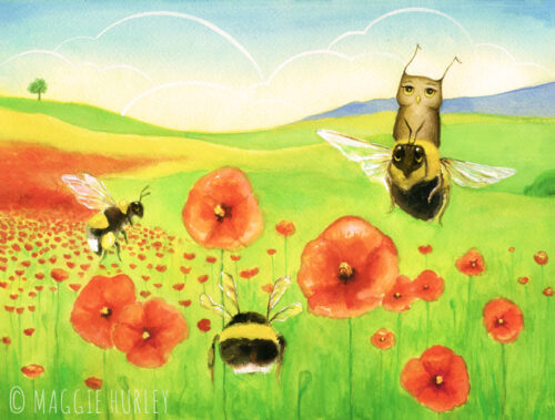 Herbert the Owl art. Herbert rides a bee in a poppy field.