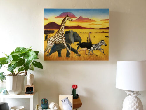 Herbert the Owl art on a wall. Herbert the Owl goes on safari with an elephant, giraffe, ostrich, and zebra.