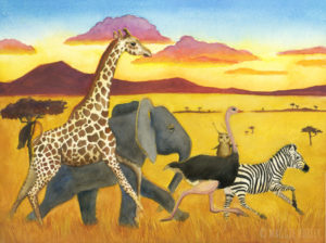 Herbert the Owl art. Herbert the Owl goes on safari with an elephant, giraffe, ostrich, and zebra.