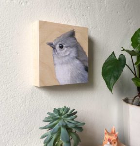 Oak Titmouse Art Print on Wall by Maggie Hurley. Shown at profile angle.