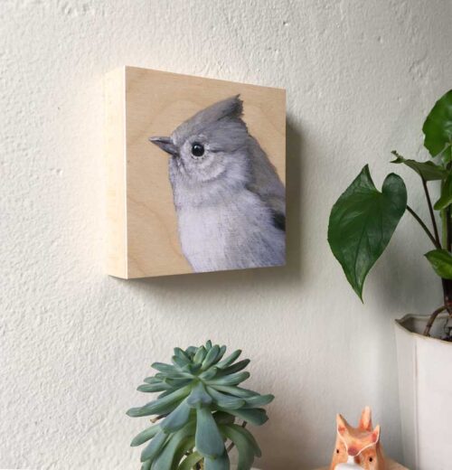 Oak Titmouse Art Print on Wall by Maggie Hurley. Shown at profile angle.