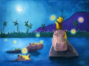 Herbert the Owl art Happy hippos and fireflies
