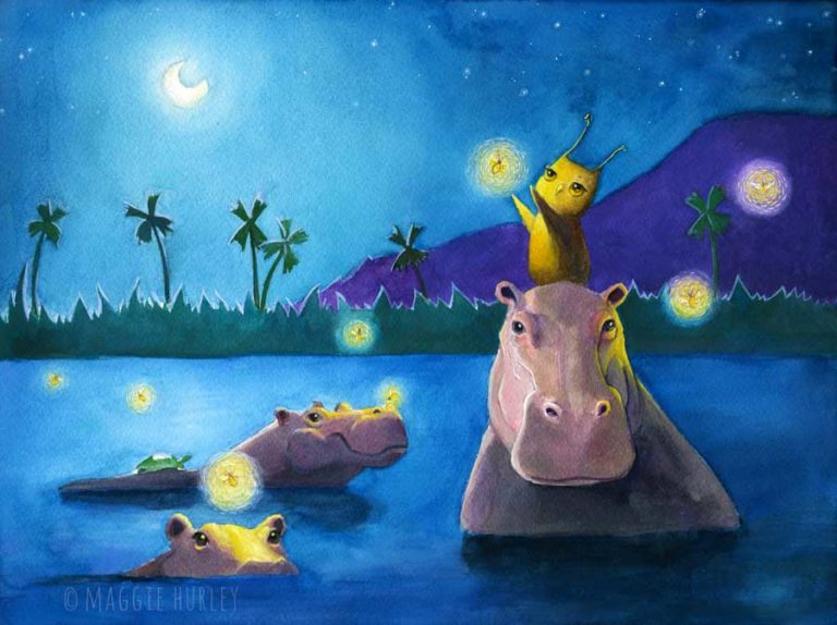 Herbert the Owl art Happy hippos and fireflies