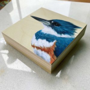 print on wood of belted kingfisher art. profile view