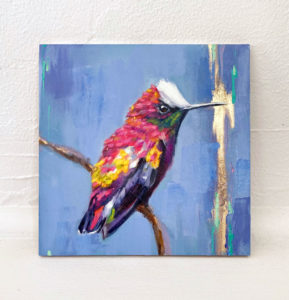 Oil painting of a snowcap hummingbird