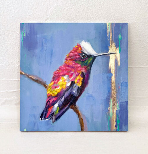 Oil painting of a snowcap hummingbird