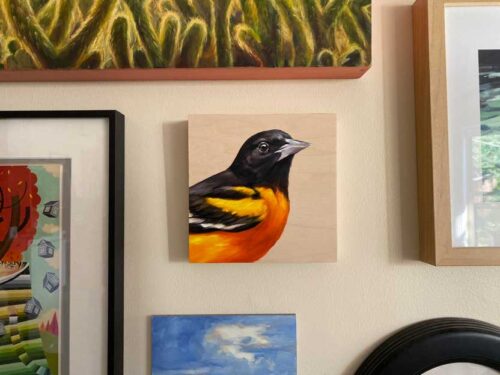 Baltimore oriole oil painting on wall