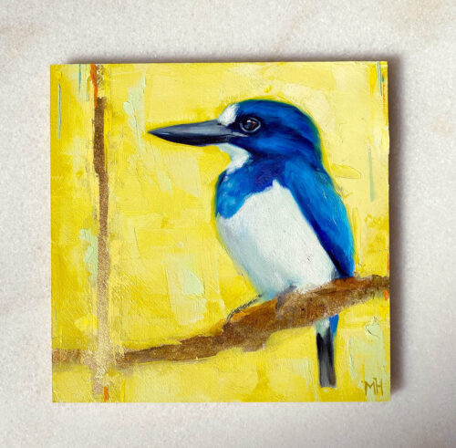 Blue and white kingfisher bird art