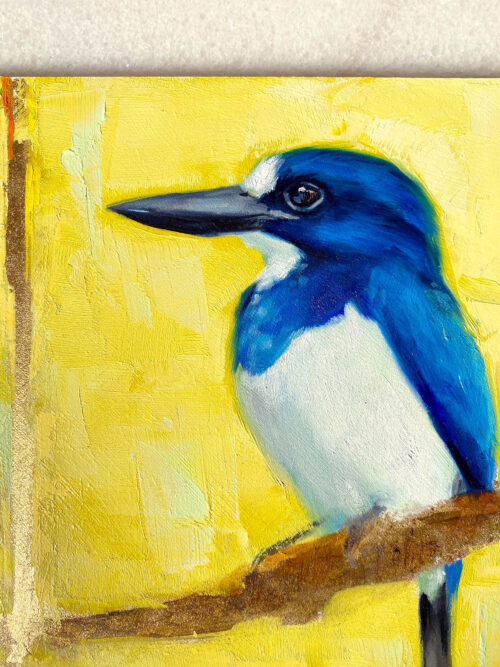 Blue and white kingfisher bird art close up
