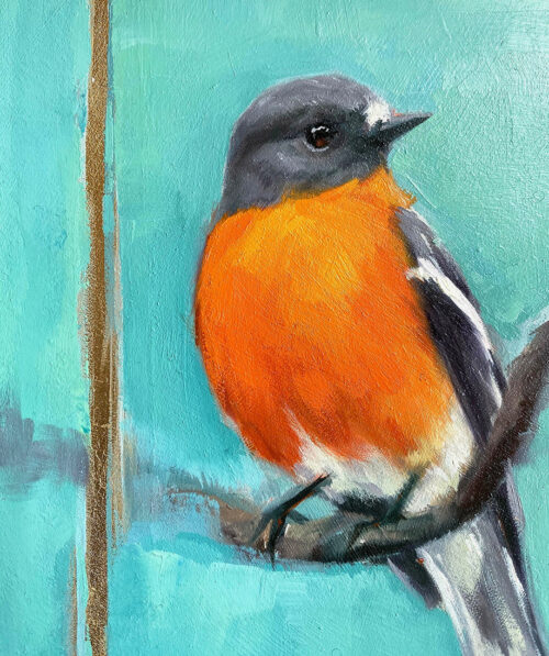Flame robin oil painting close