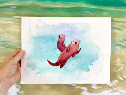 watercolor painting pink sea otters