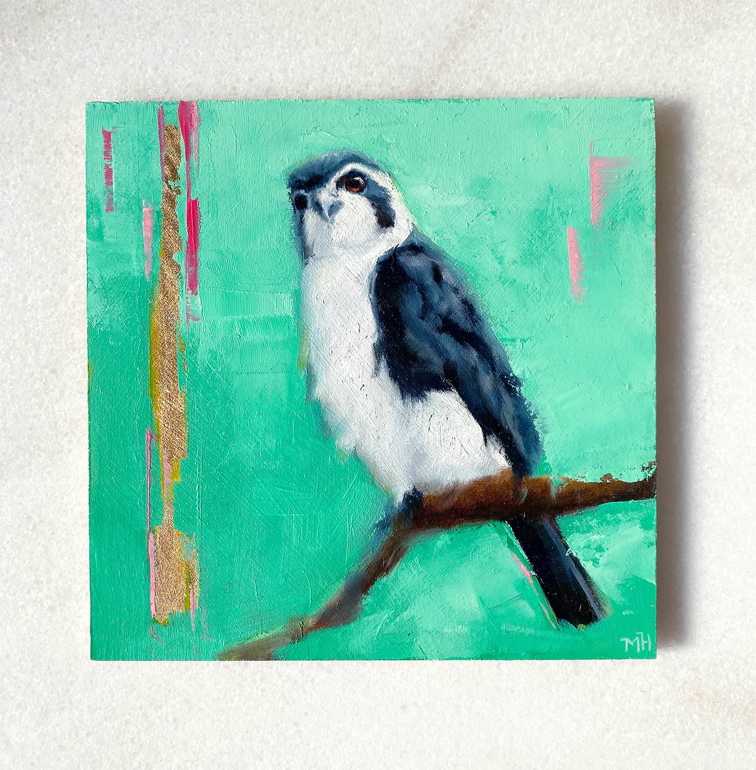 Bird art oil painting Pied Falconette
