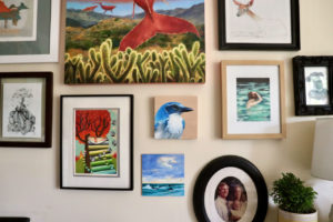 oil painting of scrub jay bird hanging on wall