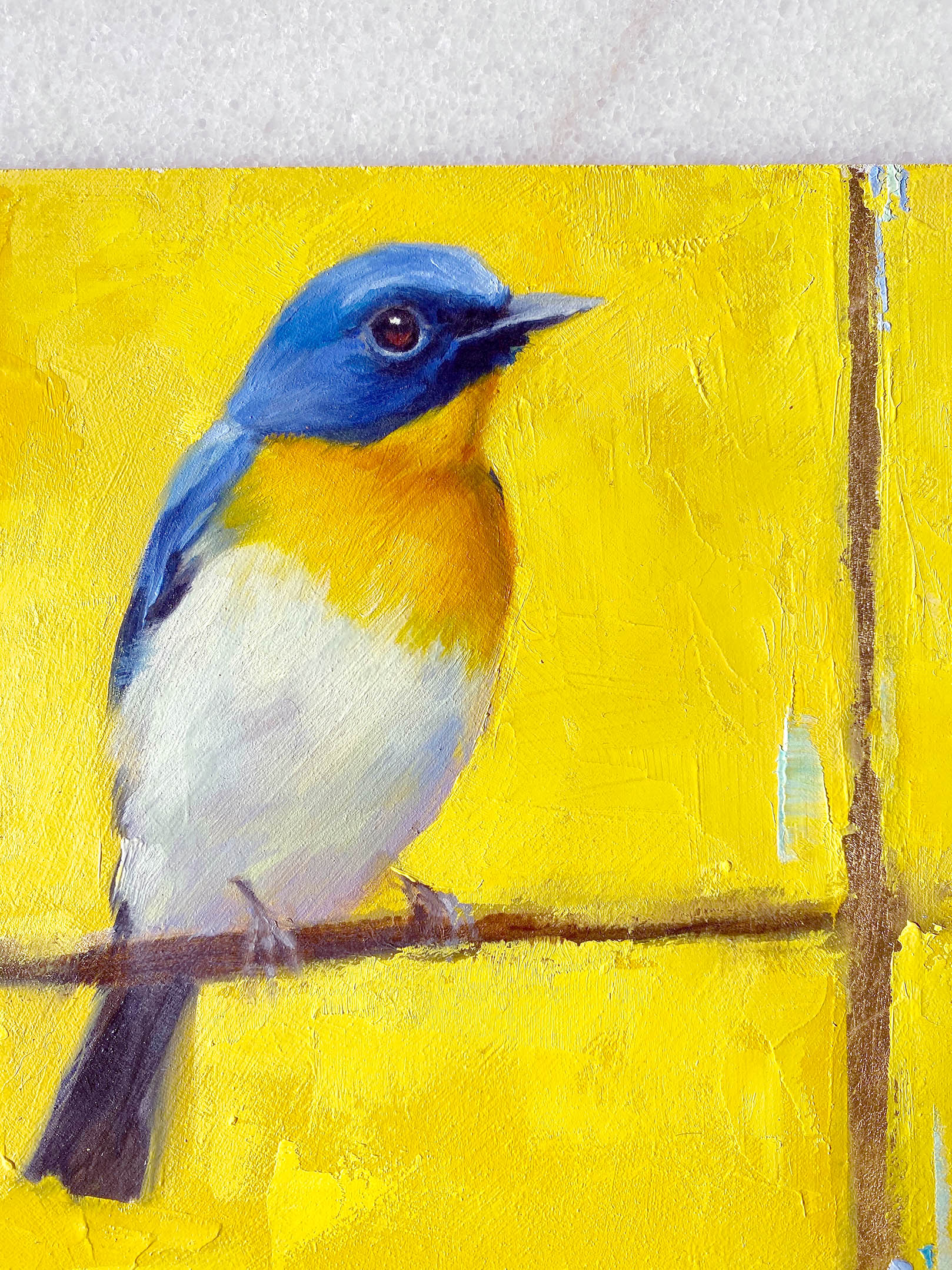 Bird art oil painting Tickell's blue flycatcher close