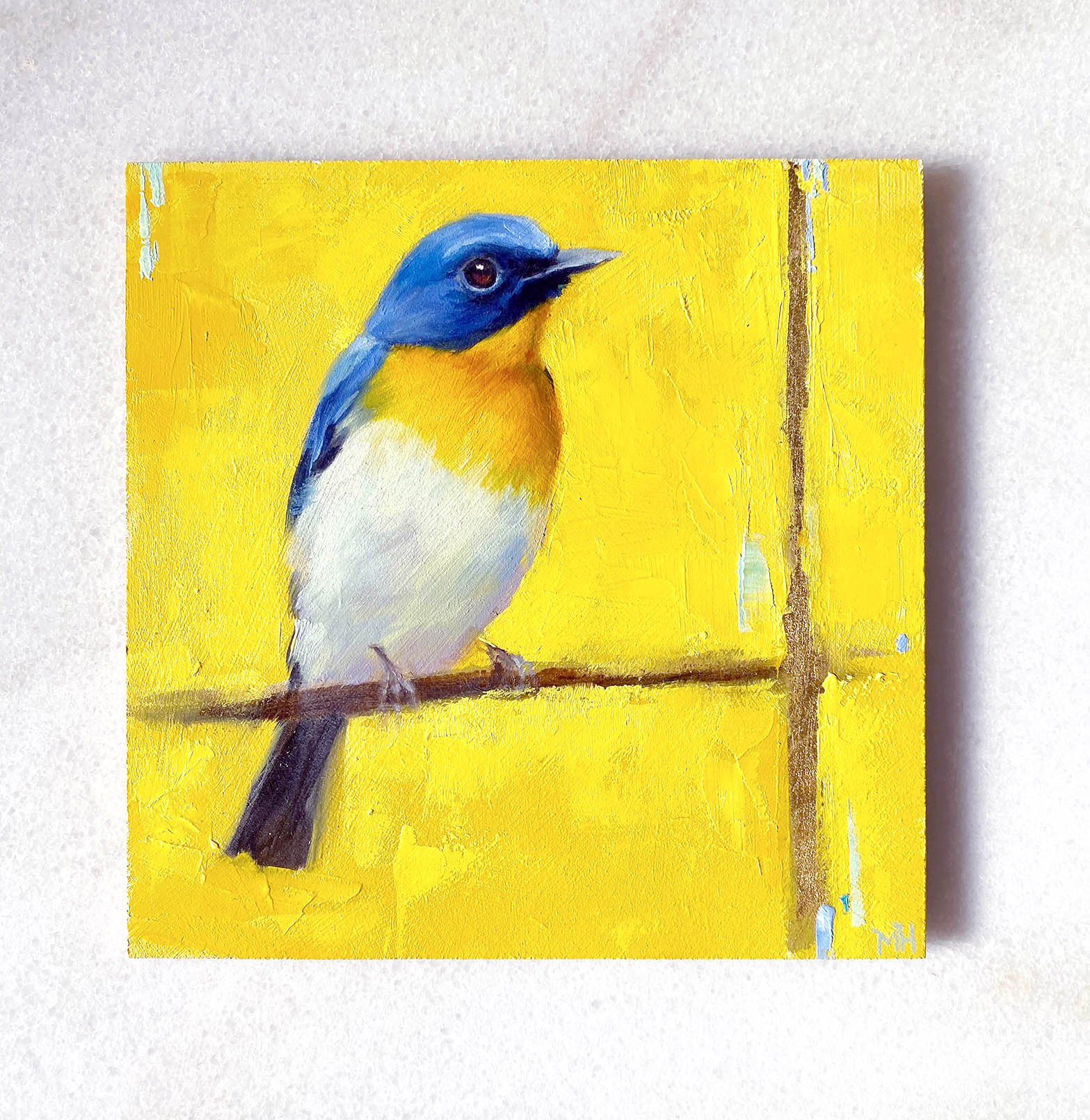 Bird art oil painting Tickell's blue flycatcher