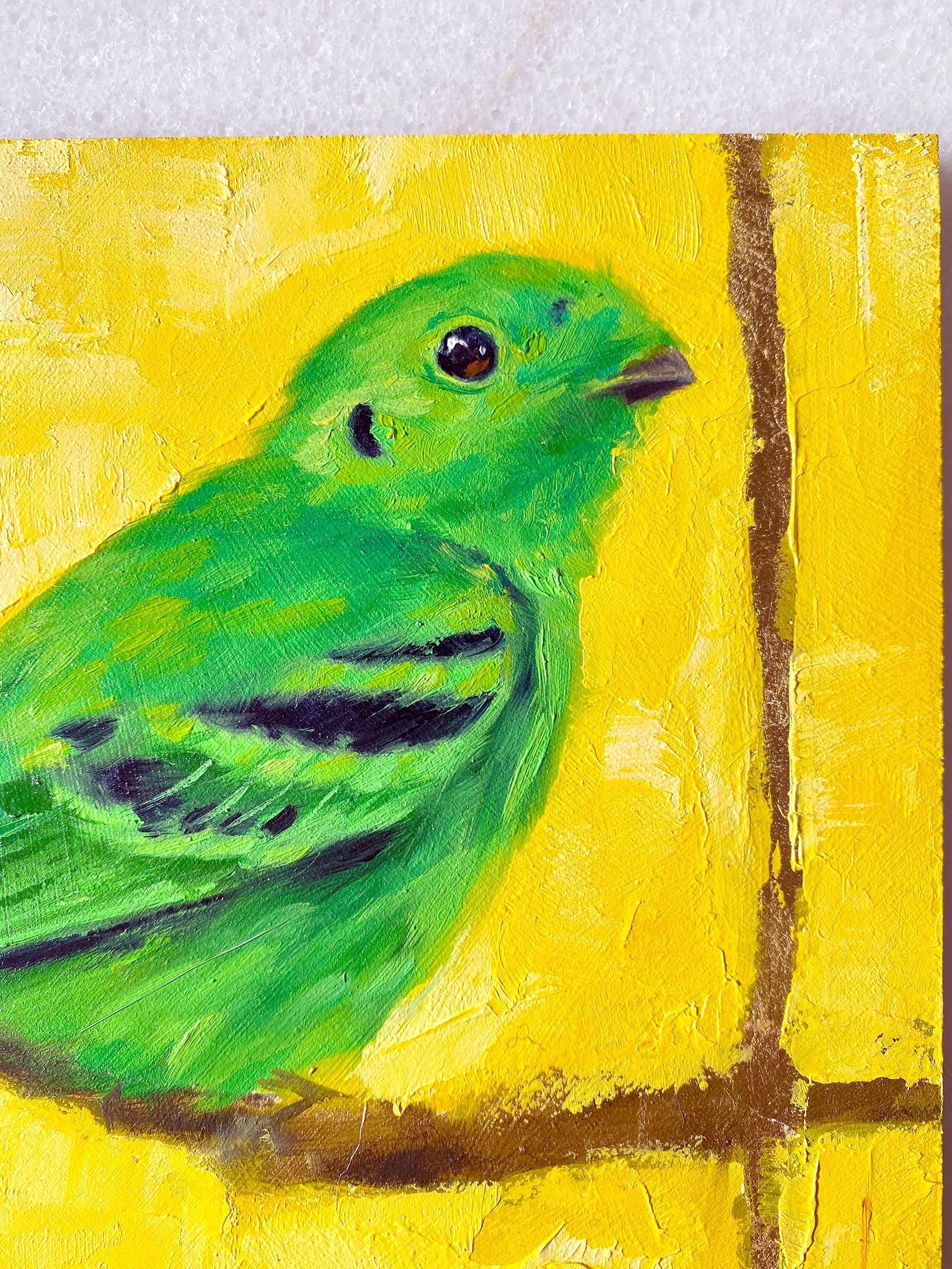 bird art painting green broadbill close up