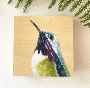 Calliope Hummingbird bird painting by Maggie Hurley. Front view