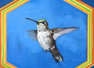Oil painting of bird art. Calliope hummingbird in flight. Close up.