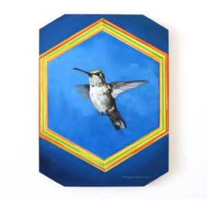 Oil painting of bird art. Calliope hummingbird in flight.